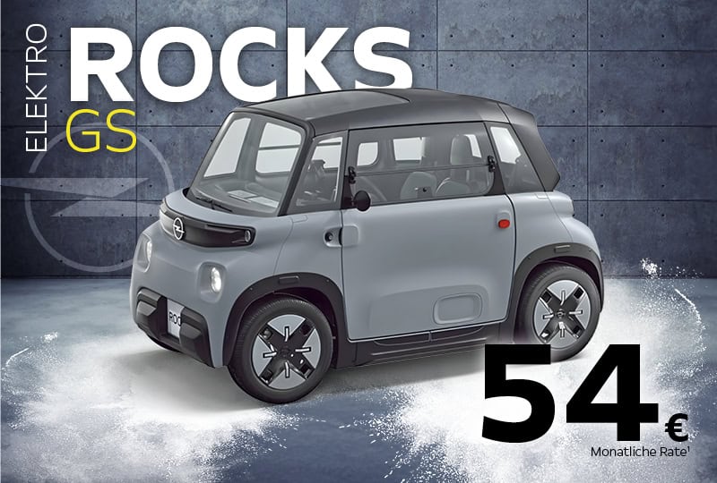 Opel Rocks- kleines Angebotsbild, graues Fahrzeug auf weiß-gelben Hintergrund